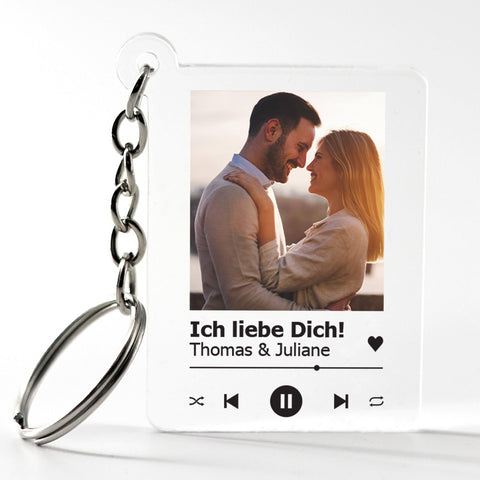 Brelok z okładką utworu muzycznego i zdjęciem - Tytuł i album w zestawie