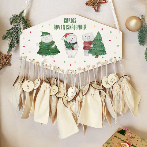 Personalisierter Adventskalender aus Holz mit Druckmotiv & Namen - Eisbären