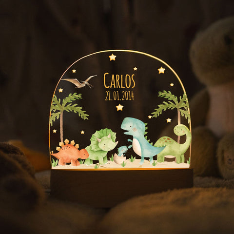 Dziecięca lampka nocna LED z drewnianą podstawką - „Grupa Dinozaurów”