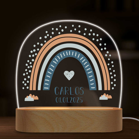 Veilleuse LED enfant avec socle en bois au design arc-en-ciel