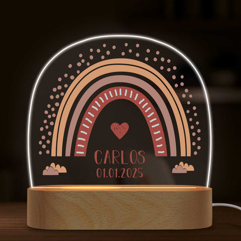 Veilleuse LED enfant avec socle en bois au design arc-en-ciel