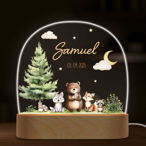Veilleuse LED enfant avec socle en bois - "Amis de la forêt"