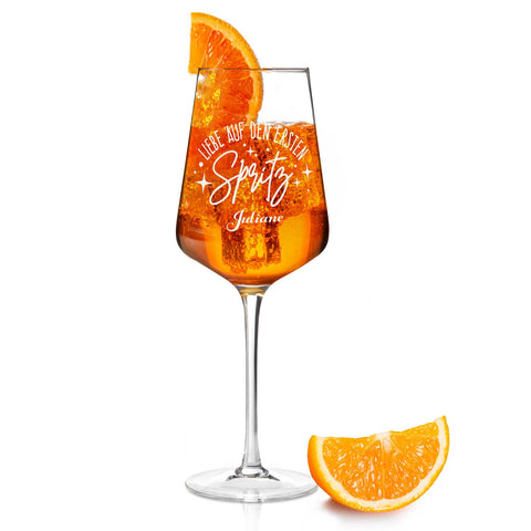 Verre à vin Leonardo avec gravure - « Coup de foudre au premier Spritz » avec nom