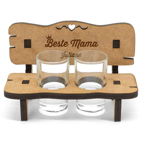Gravierte Schnapsbank mit Name im Beste Mama Design + 2 Schnapsgläser