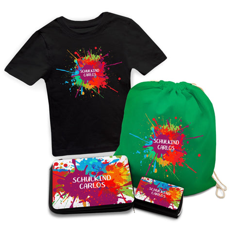 Personalisiertes Schulset - Colorsplash - mit T-Shirt, Sportbeutel,  Federmappe & Geldbörse