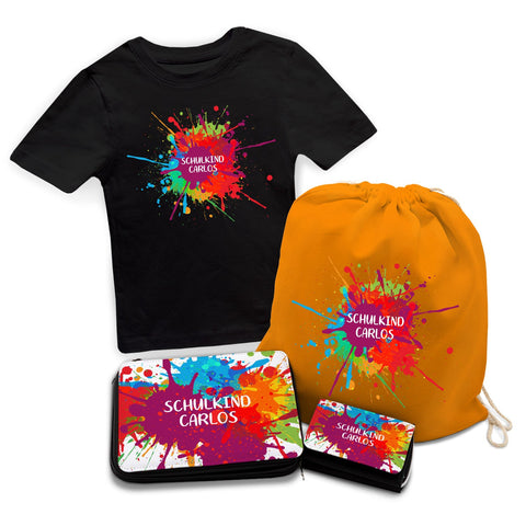 Personalisiertes Schulset - Colorsplash - mit T-Shirt, Sportbeutel,  Federmappe & Geldbörse