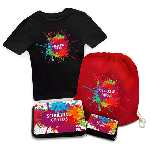 Personalisiertes Schulset - Colorsplash - mit T-Shirt, Sportbeutel,  Federmappe & Geldbörse