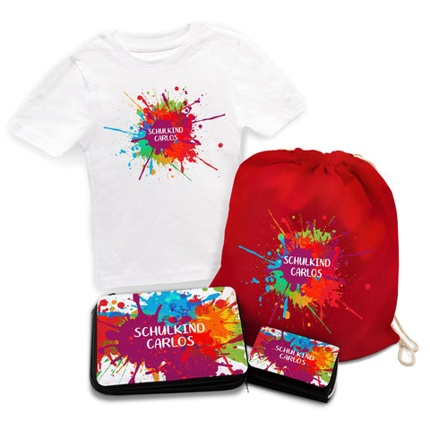 Personalisiertes Schulset - Colorsplash - mit T-Shirt, Sportbeutel,  Federmappe & Geldbörse