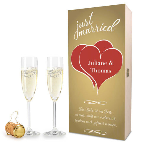 Zestaw kieliszków do Prosecco Leonardo „Just Married” z grawerowaną drewnianą skrzynką
