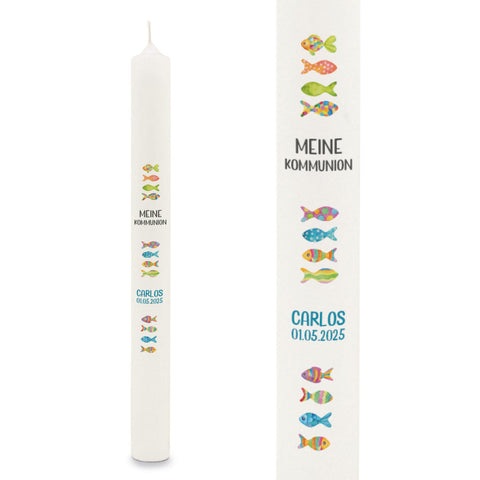 Bougie cierge "Poissons Colorés" - Bougie de baptême avec nom, date et texte personnalisé