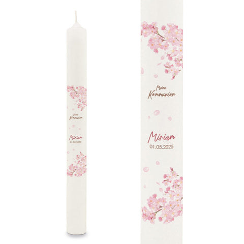 Cierge "Fleurs de cerisier" - Bougie de communion avec prénom et date