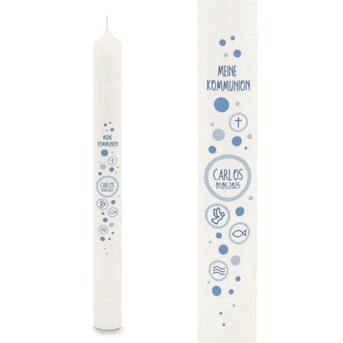 Bougie longue « Cercles » – Bougie de communion avec nom et date