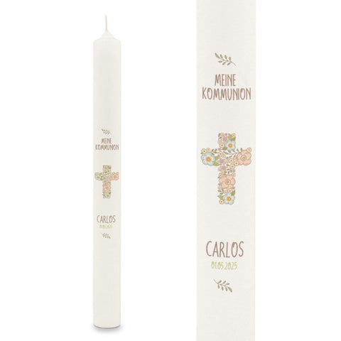 Cierge "Croix Fleurs" - Cierge de communion avec nom et date