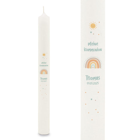 Bougie bâton "Arc-en-ciel Pastel" - Bougie de communion avec prénom et date