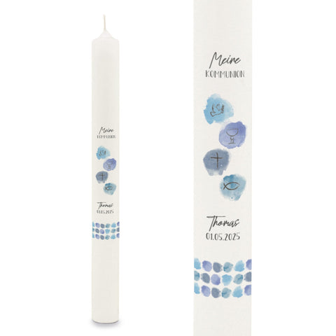Bougie cierge "Aquarelle" - Bougie de communion avec nom et date