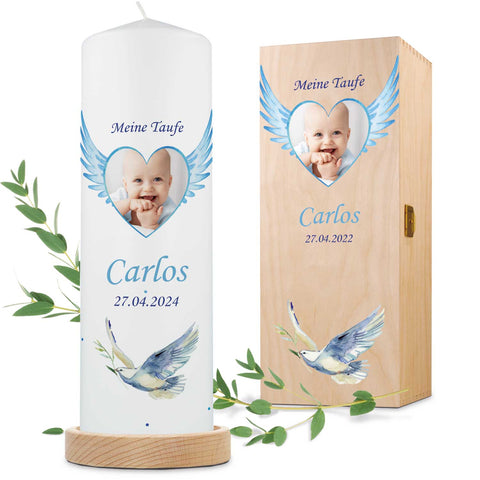 Große Kerze "Flügelherz" - Taufkerze mit Name, Datum, Wunschtext & Foto
