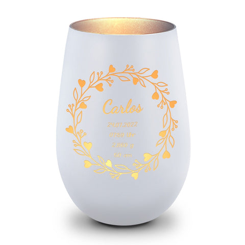 Deko Windlicht aus Glas mit Gravur - Geschenk zur Geburt - Personalisiert mit Namen