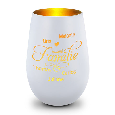 Deko Windlicht aus Glas mit Gravur - Unsere Familie - Personalisiert mit bis zu fünf Namen