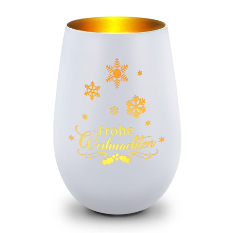 Deko Windlicht aus Glas mit Gravur - Frohe Weihnachten Schneeflocke