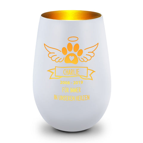 Deko Windlicht aus Glas mit Gravur - Pfotenengel - Personalisiert mit Namen & Datum