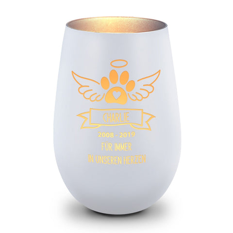 Deko Windlicht aus Glas mit Gravur - Pfotenengel - Personalisiert mit Namen & Datum