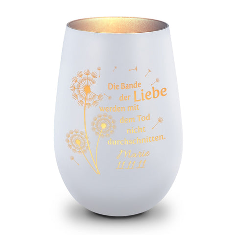 Deko Windlicht aus Glas mit Gravur - Pusteblumen - Personalisiert mit Namen & Datum
