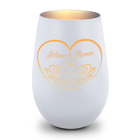 Deko Windlicht aus Glas mit Gravur - Schwanenherz - Personalisiert mit Namen & Datum