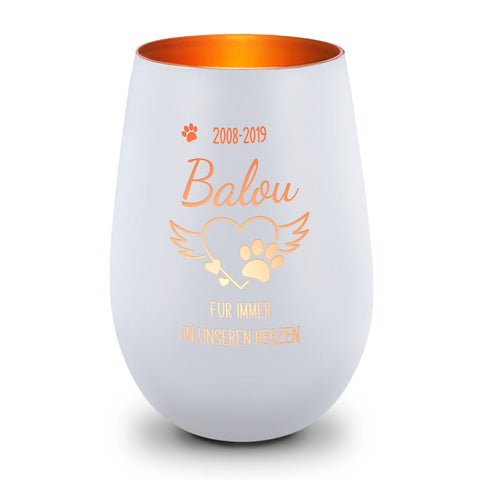 Deko Windlicht aus Glas mit Gravur - Pfotenherz - Personalisiert mit Namen & Datum - Trauerlicht