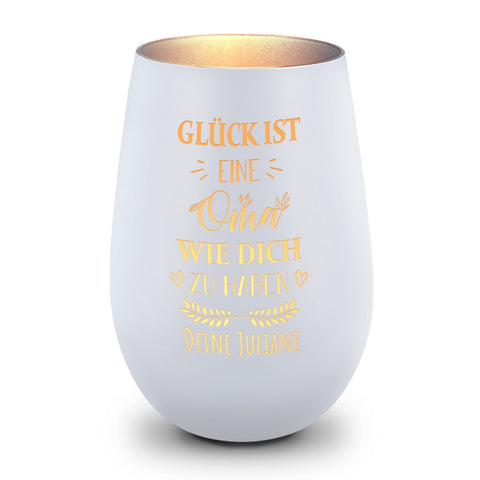 Deko Windlicht aus Glas mit Gravur - Glück ist eine Oma wie Dich zu haben - Personalisiert mit Namen