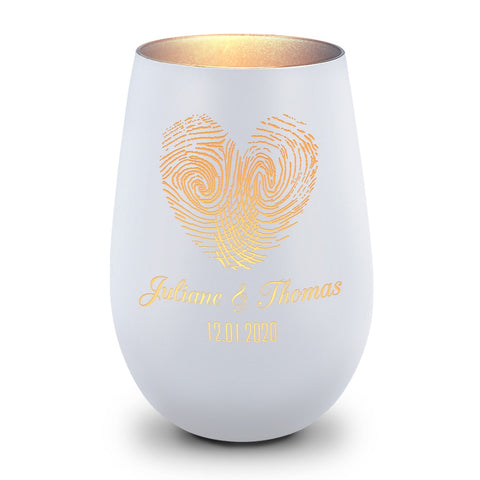 Deko Windlicht aus Glas mit Gravur - Herz Fingerabdruck - Personalisiert mit Namen & Datum