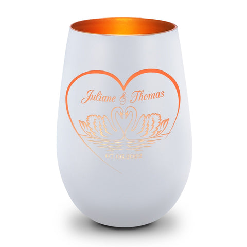 Deko Windlicht aus Glas mit Gravur - Schwanenherz - Personalisiert mit Namen & Datum