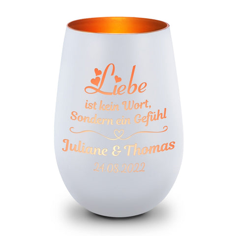 Deko Windlicht aus Glas mit Gravur - Liebe ist kein Wort - Personalisiert mit Namen & Datum