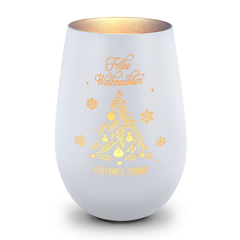 Deko Windlicht aus Glas mit Gravur - Frohe Weihnachten - Personalisiert mit Namen