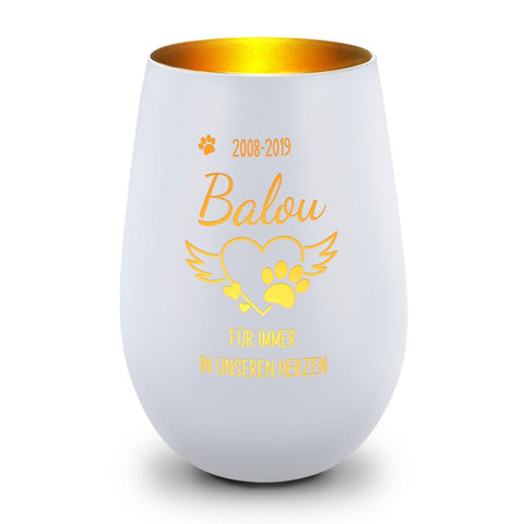 Deko Windlicht aus Glas mit Gravur - Pfotenherz - Personalisiert mit Namen & Datum - Trauerlicht