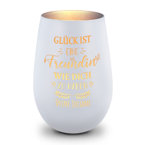 Deko Windlicht aus Glas mit Gravur - Glück ist eine Freundin wie Dich zu haben - Personalisiert mit