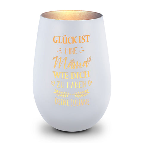 Deko Windlicht aus Glas mit Gravur - Glück ist eine Mama wie Dich zu haben - Personalisiert mit Name