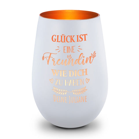Deko Windlicht aus Glas mit Gravur - Glück ist eine Freundin wie Dich zu haben - Personalisiert mit