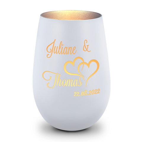 Deko Windlicht aus Glas mit Gravur - Die große Liebe - Personalisiert mit Name und Datum