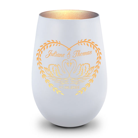 Deko Windlicht aus Glas mit Gravur - Schwanenherz v2 - Personalisiert mit Namen & Datum