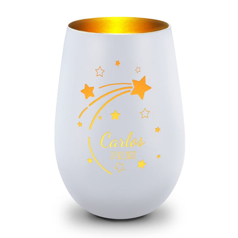 Deko Windlicht aus Glas mit Gravur - Sternschnuppe - Personalisiert mit Namen & Datum