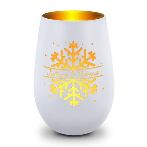 Deko Windlicht aus Glas mit Gravur - Schneeflocke - Personalisiert mit Namen - Geschenk zu Weihnacht