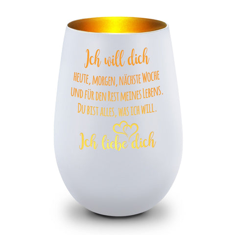 Deko Windlicht aus Glas mit Gravur - Ich will dich heute, morgen