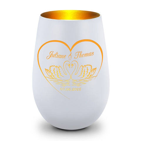 Deko Windlicht aus Glas mit Gravur - Schwanenherz - Personalisiert mit Namen & Datum