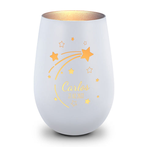 Deko Windlicht aus Glas mit Gravur - Sternschnuppe - Personalisiert mit Namen & Datum