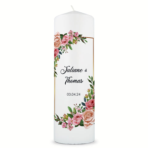 Duża świeca „Floral Golden” – Świeca ślubna z imionami, datą i dowolnym tekstem