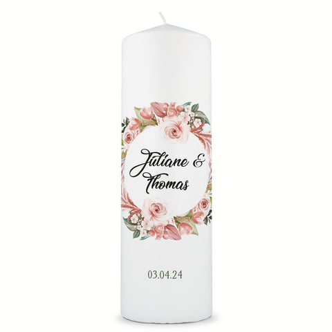 Große Kerze "Floral White" - Hochzeitskerze mit Namen, Datum & Wunschtext