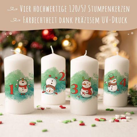 Kleine Kerzen - Advent Schneemann - Adventskerzen im 4er Set
