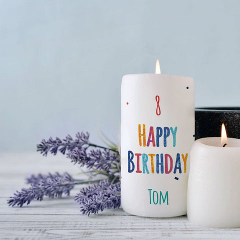 Kleine Kerze "Happy Birthday" mit Namen und Alter zum Geburtstag