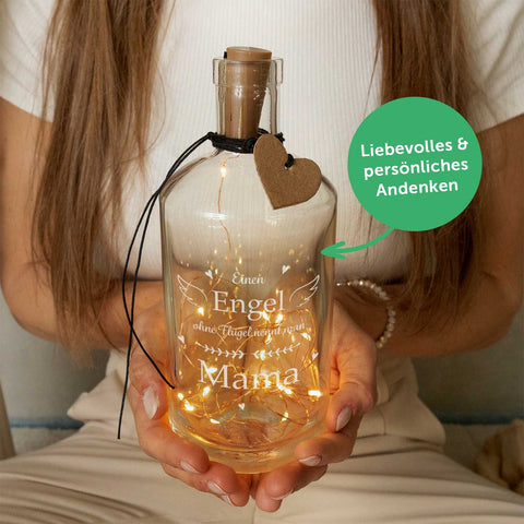 Bouteille lumineuse avec guirlande LED et gravure "Ange sans ailes"