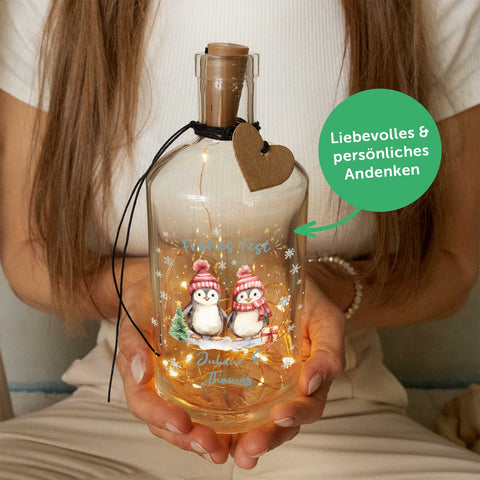 Lumière de bouteille avec guirlande lumineuse LED et impression UV - Motif pingouins - Personnalisé avec prénom